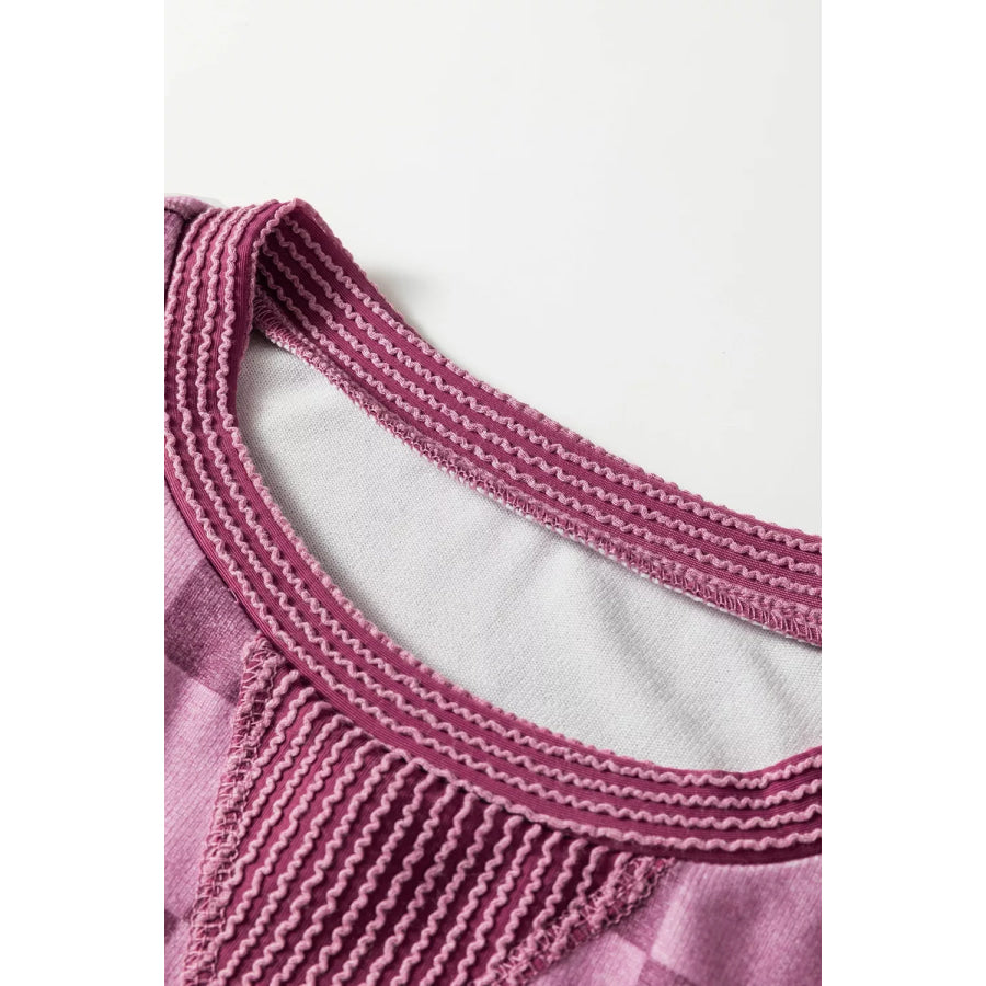 Ribbed Trim Checkered Print Long Sleeve Pullover Top Apparel and Accessories