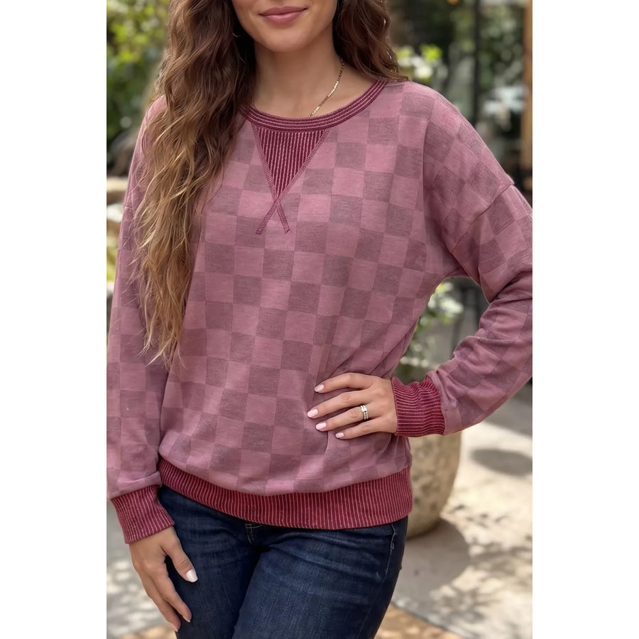 Ribbed Trim Checkered Print Long Sleeve Pullover Top Red-Violet / S Apparel and Accessories