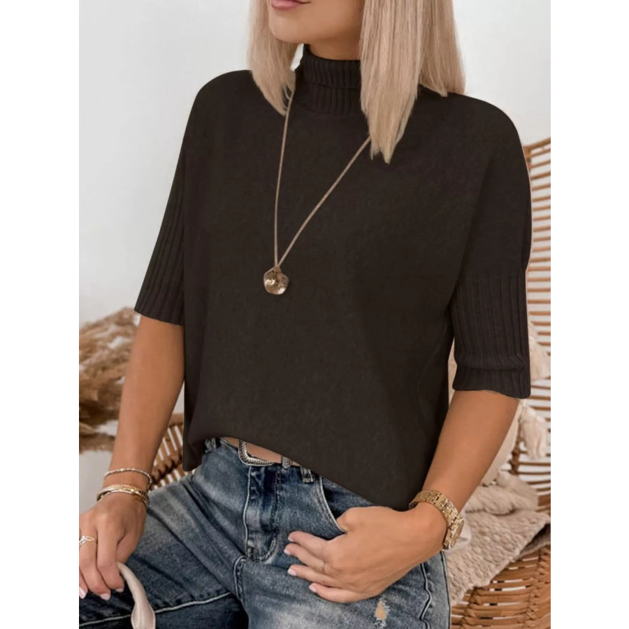 Ribbed Trim High Neck Short Sleeve Casual Sweater Apparel and Accessories