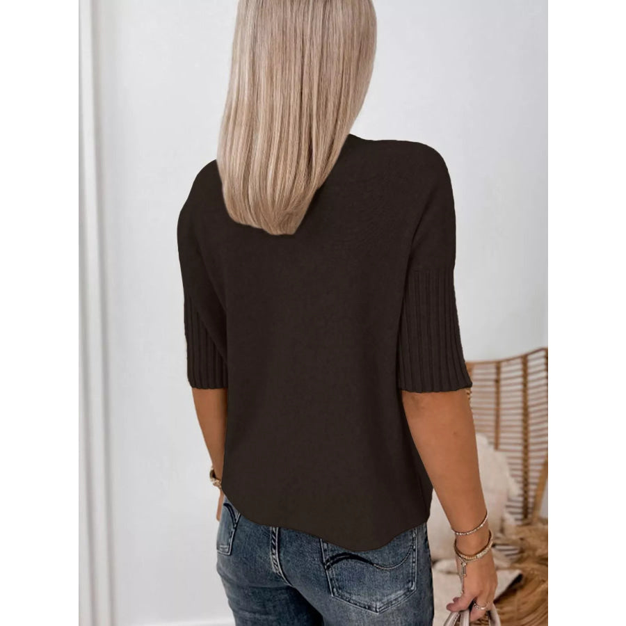 Ribbed Trim High Neck Short Sleeve Casual Sweater Apparel and Accessories