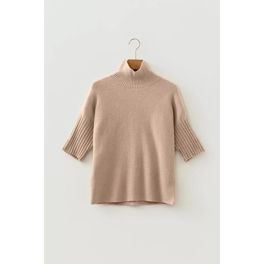 Ribbed Trim High Neck Short Sleeve Casual Sweater Apparel and Accessories