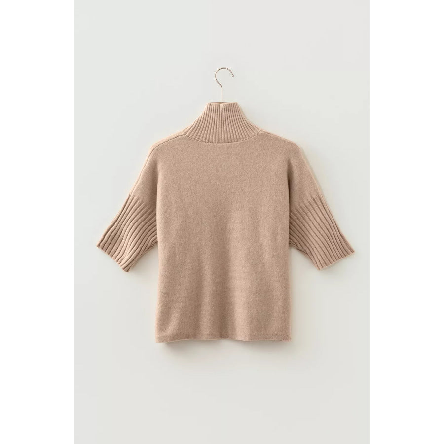 Ribbed Trim High Neck Short Sleeve Casual Sweater Apparel and Accessories