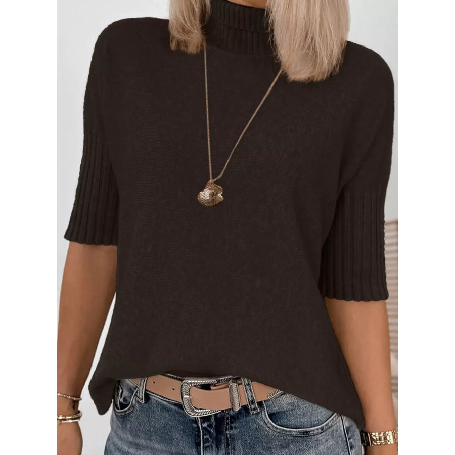Ribbed Trim High Neck Short Sleeve Casual Sweater Chocolate / S Apparel and Accessories