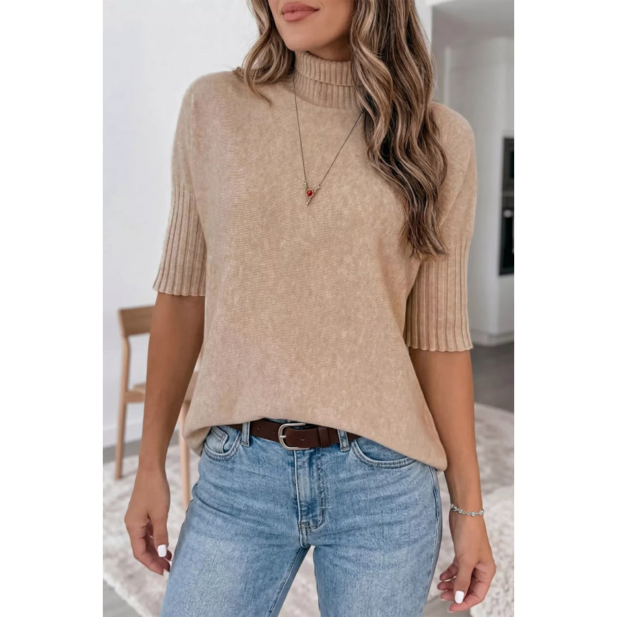 Ribbed Trim High Neck Short Sleeve Casual Sweater Taupe / S Apparel and Accessories