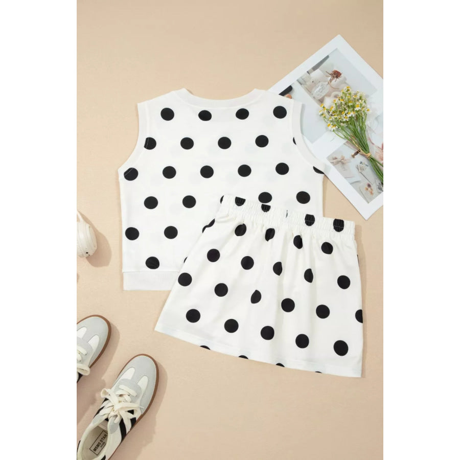 Ribbed Trim Polka Dot Print Tank Split Mini Skort 2pcs Set Apparel and Accessories