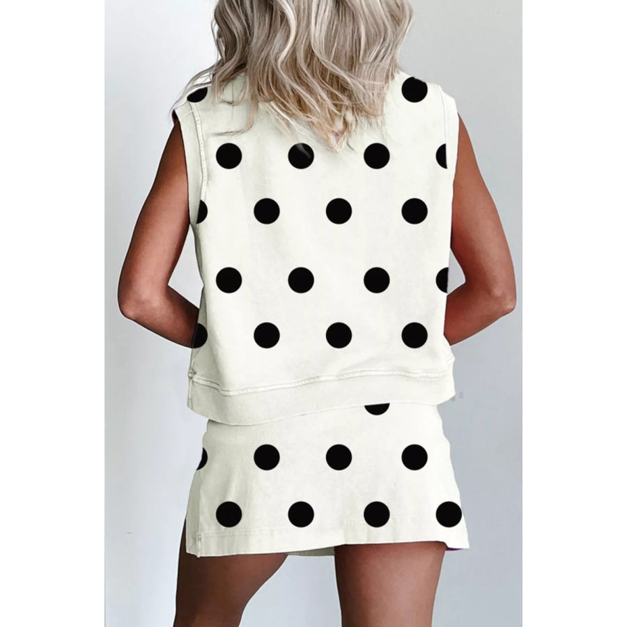 Ribbed Trim Polka Dot Print Tank Split Mini Skort 2pcs Set Apparel and Accessories