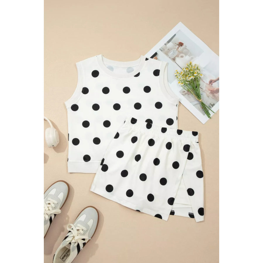 Ribbed Trim Polka Dot Print Tank Split Mini Skort 2pcs Set Apparel and Accessories