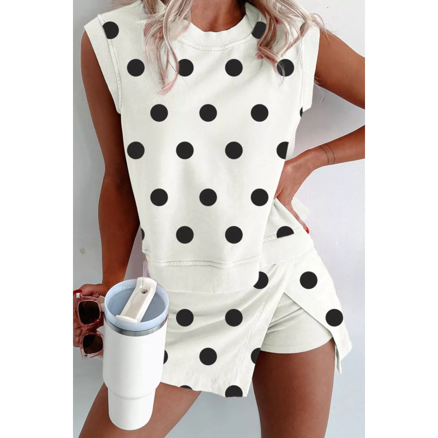 Ribbed Trim Polka Dot Print Tank Split Mini Skort 2pcs Set White / S Apparel and Accessories