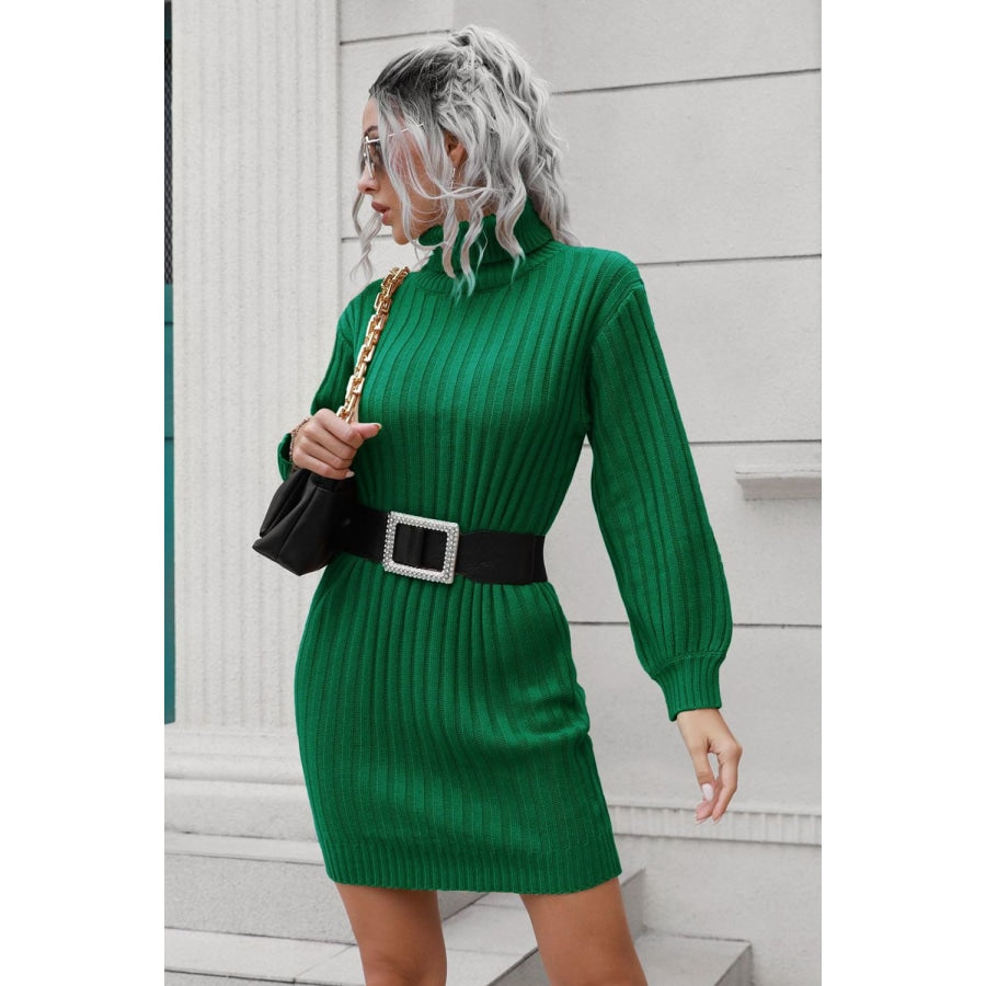 Ribbed Turtle Neck Long Sleeve Mini Sweater Dress Green / S