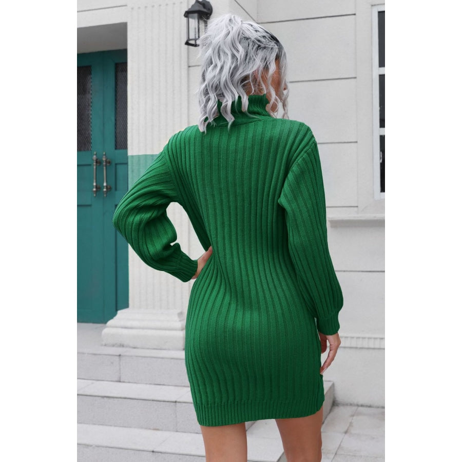 Ribbed Turtle Neck Long Sleeve Mini Sweater Dress Green / S