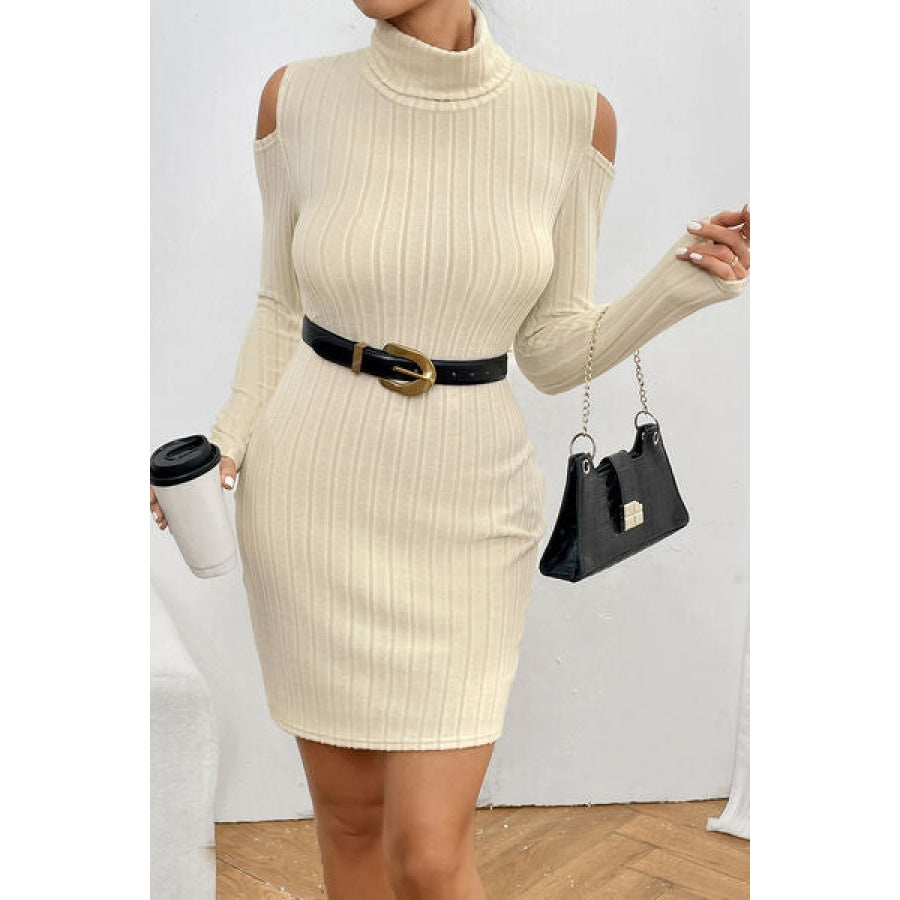 Ribbed Turtleneck Cold Shoulder Long Sleeve Mini Dress Apparel and Accessories