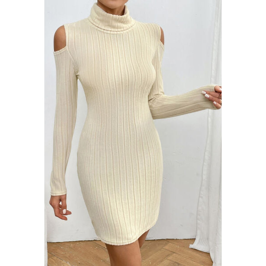 Ribbed Turtleneck Cold Shoulder Long Sleeve Mini Dress Apparel and Accessories