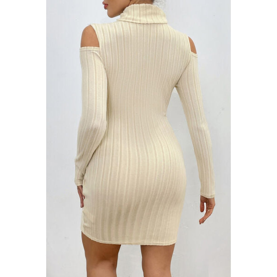 Ribbed Turtleneck Cold Shoulder Long Sleeve Mini Dress Apparel and Accessories