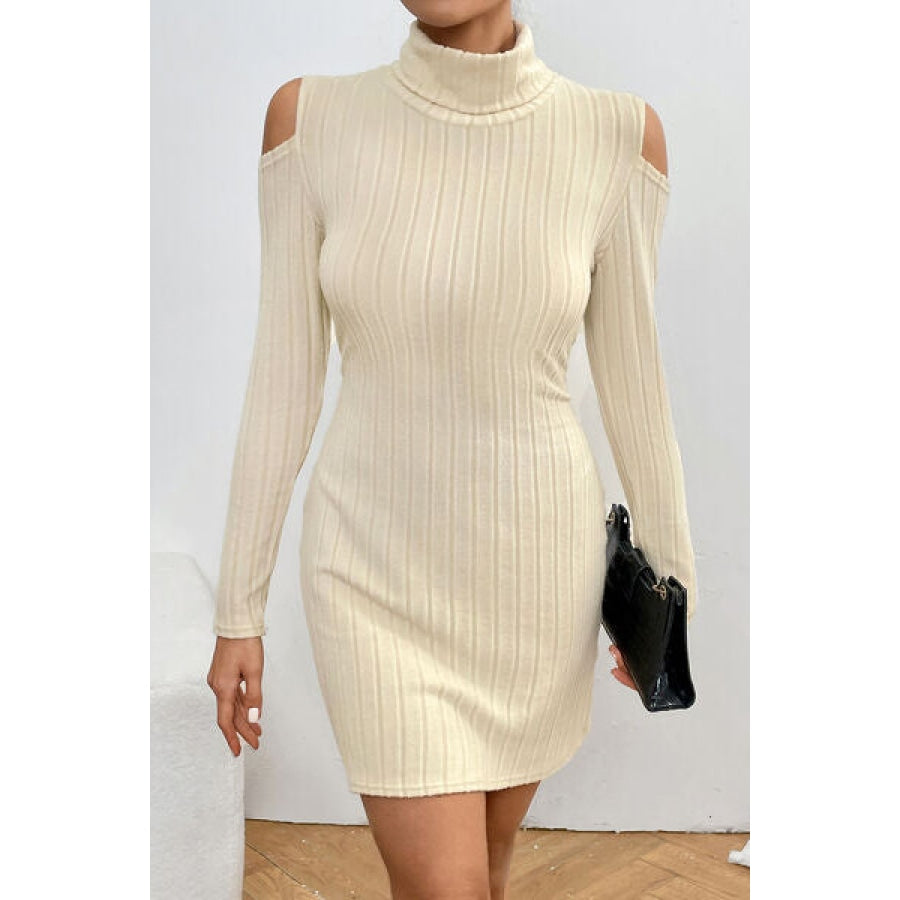 Ribbed Turtleneck Cold Shoulder Long Sleeve Mini Dress Pastel Yellow / S Apparel and Accessories