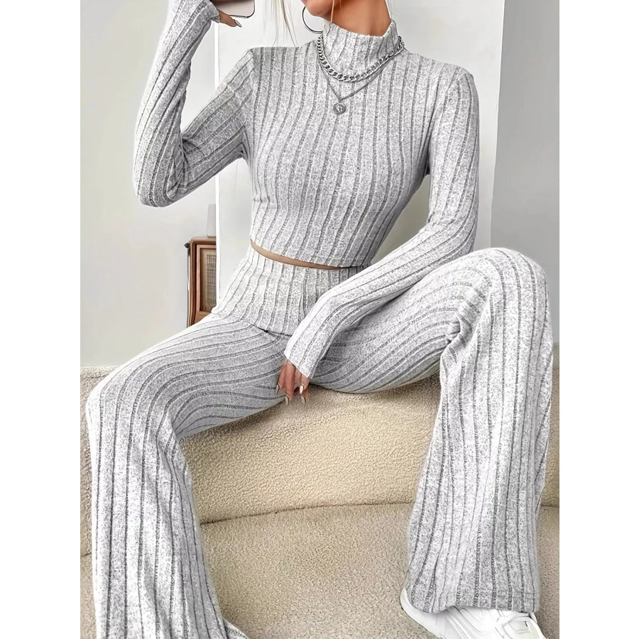 Ribbed Turtleneck Crop Top and Flare Pants Sweater Set Apparel and Accessories