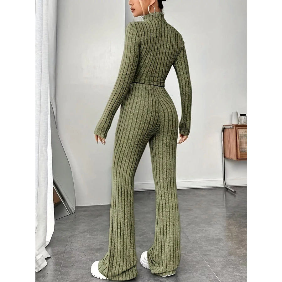 Ribbed Turtleneck Crop Top and Flare Pants Sweater Set Apparel and Accessories