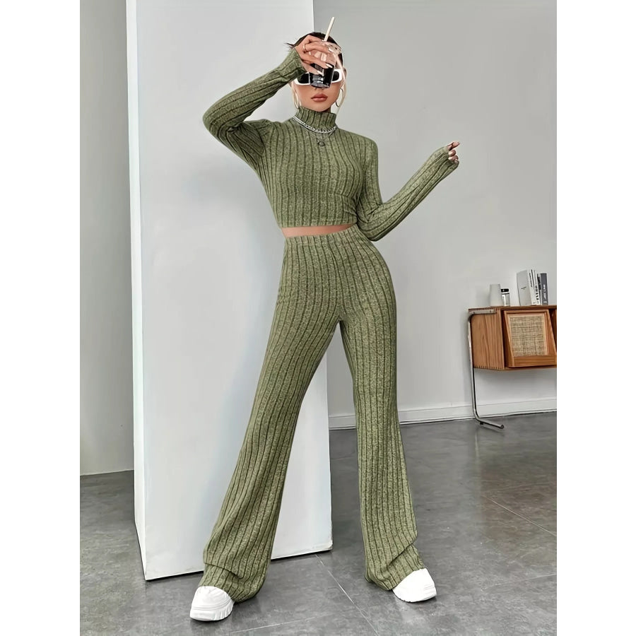 Ribbed Turtleneck Crop Top and Flare Pants Sweater Set Apparel and Accessories