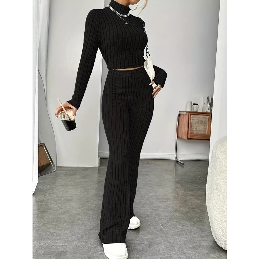 Ribbed Turtleneck Crop Top and Flare Pants Sweater Set Black / M Apparel and Accessories
