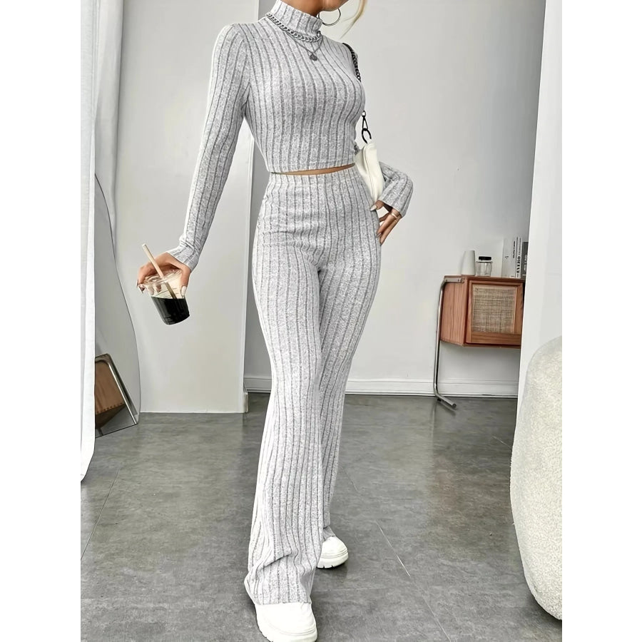 Ribbed Turtleneck Crop Top and Flare Pants Sweater Set Gray / M Apparel and Accessories