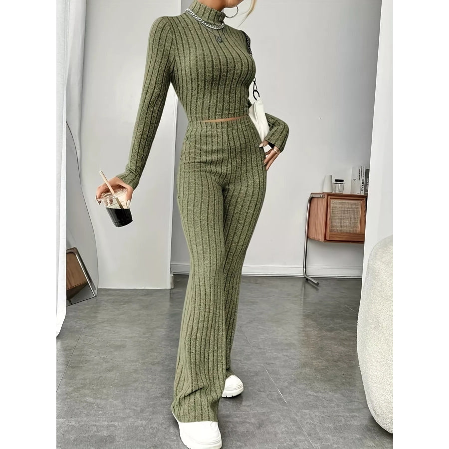 Ribbed Turtleneck Crop Top and Flare Pants Sweater Set Green / M Apparel and Accessories