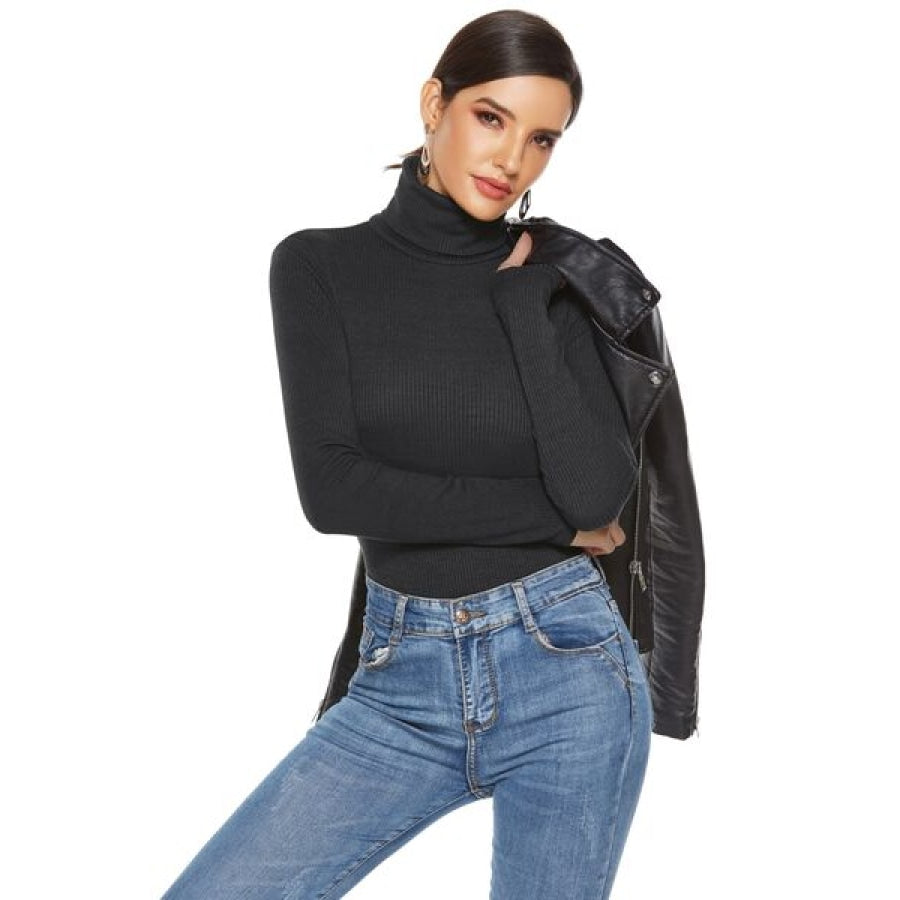 Ribbed Turtleneck Long Sleeve Bodysuit Black / S Clothing