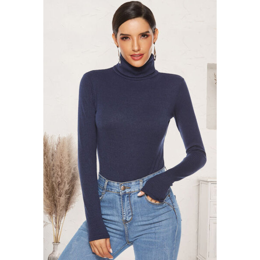 Ribbed Turtleneck Long Sleeve Bodysuit Navy / S Clothing