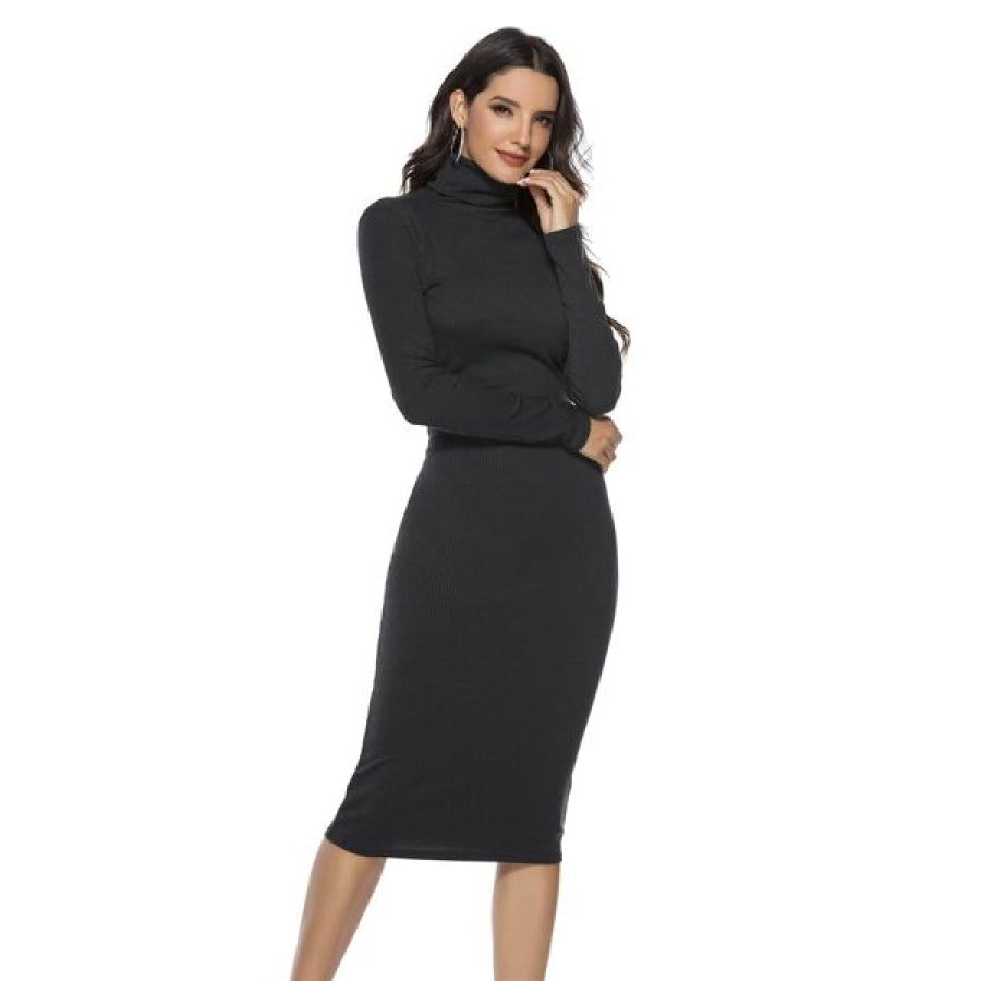 Ribbed Turtleneck Long Sleeve Dress Black / S Clothing