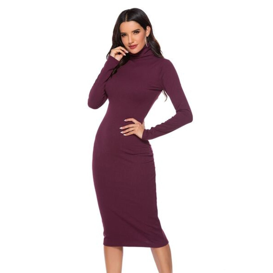 Ribbed Turtleneck Long Sleeve Dress Clothing