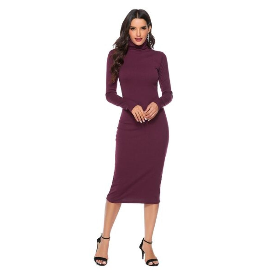 Ribbed Turtleneck Long Sleeve Dress Clothing