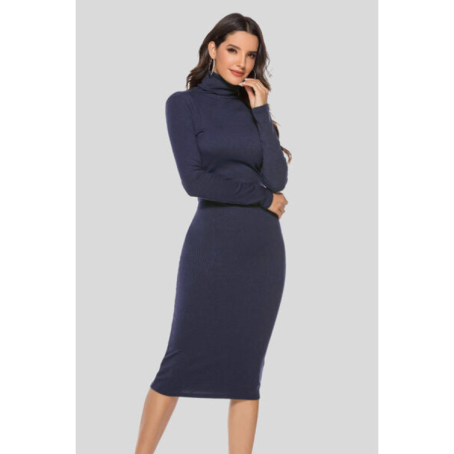 Ribbed Turtleneck Long Sleeve Dress Dark Navy / S Clothing