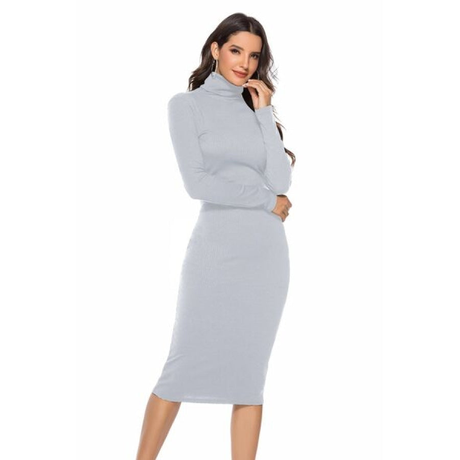 Ribbed Turtleneck Long Sleeve Dress Light Gray / S Clothing