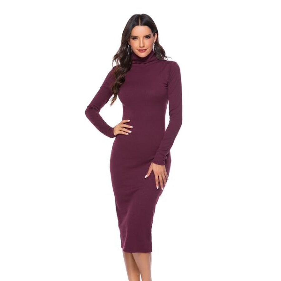 Ribbed Turtleneck Long Sleeve Dress Wine / S Clothing