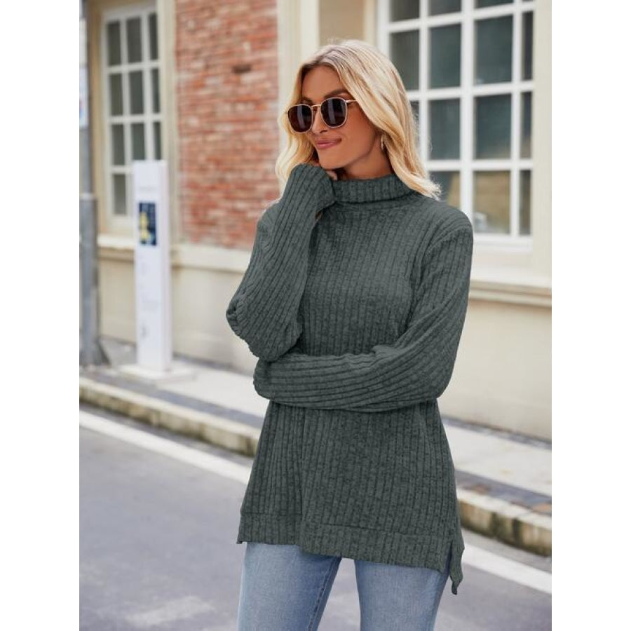 Ribbed Turtleneck Long Sleeve Slit Knit Top Army Green / S