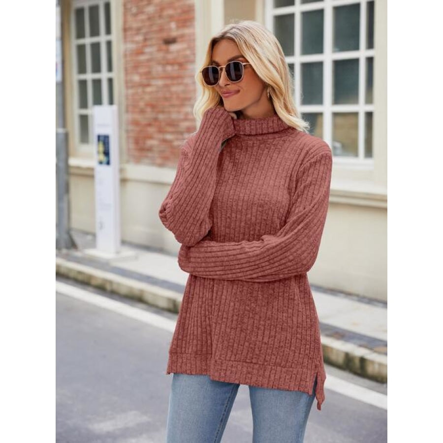 Ribbed Turtleneck Long Sleeve Slit Knit Top Brick Red / S