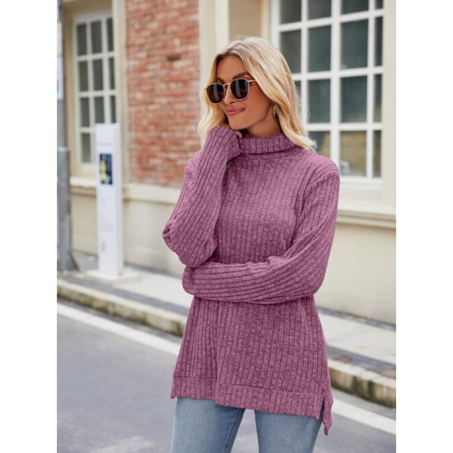 Ribbed Turtleneck Long Sleeve Slit Knit Top Fuchsia / S