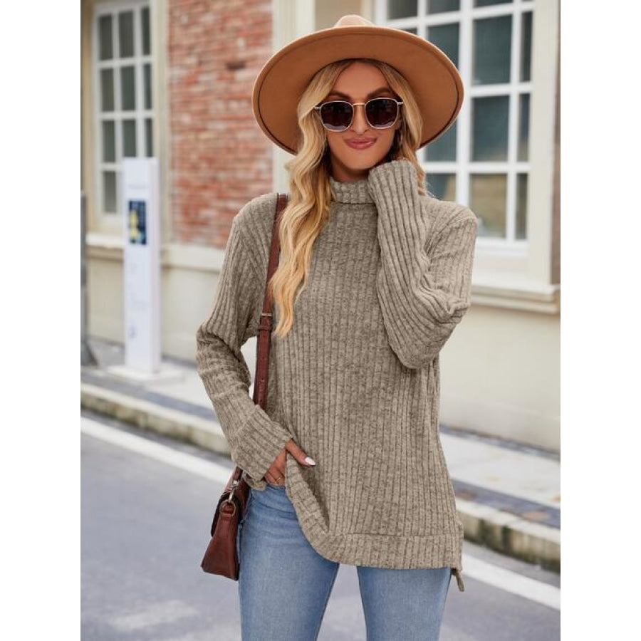 Ribbed Turtleneck Long Sleeve Slit Knit Top Khaki / S