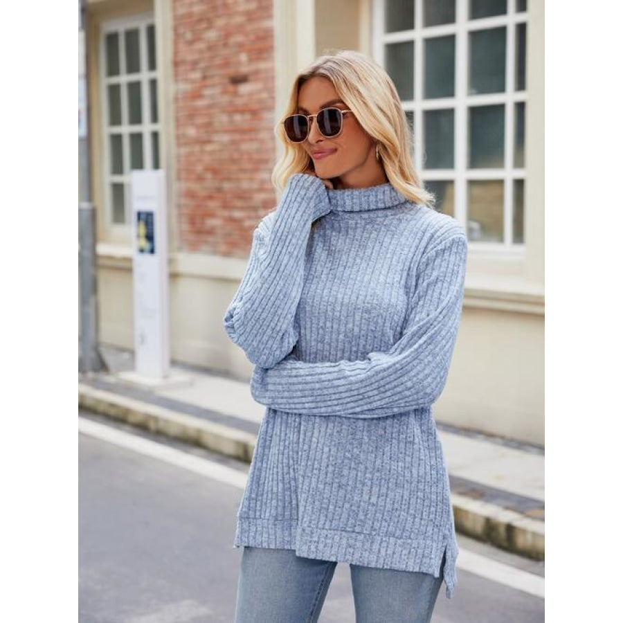 Ribbed Turtleneck Long Sleeve Slit Knit Top Misty Blue / S