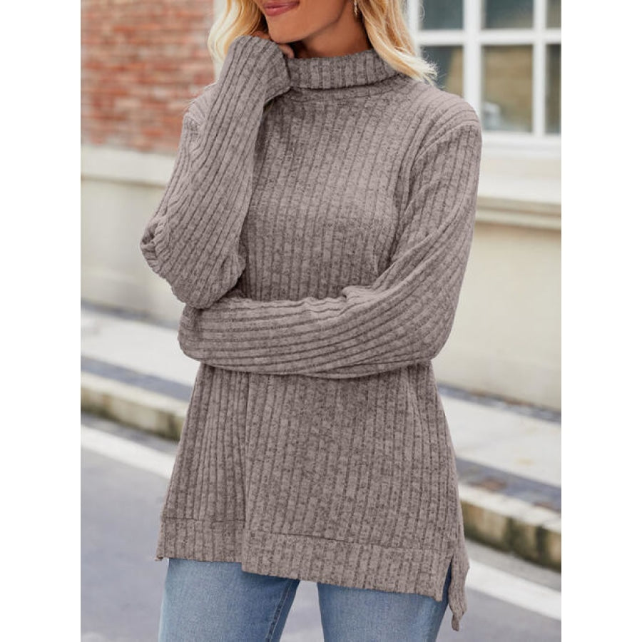 Ribbed Turtleneck Long Sleeve Slit Knit Top Mocha / S