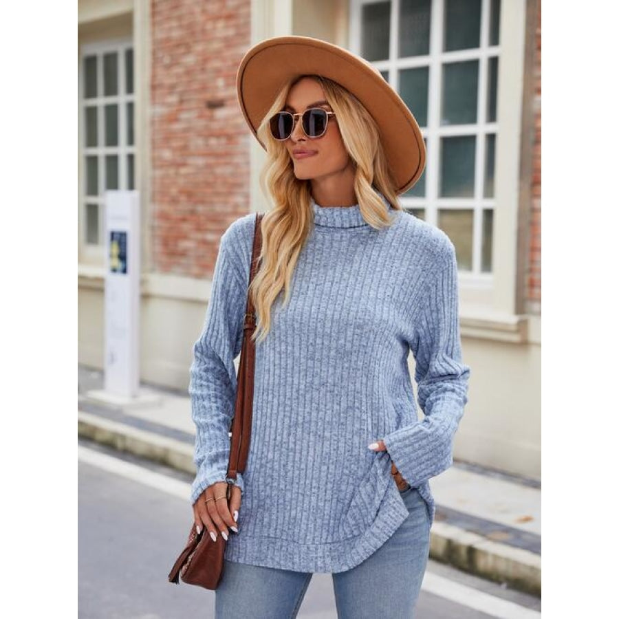 Ribbed Turtleneck Long Sleeve Slit Knit Top