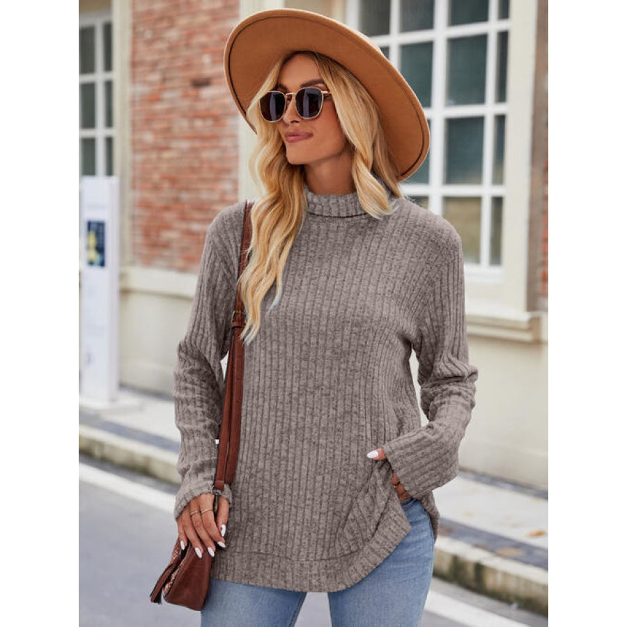 Ribbed Turtleneck Long Sleeve Slit Knit Top