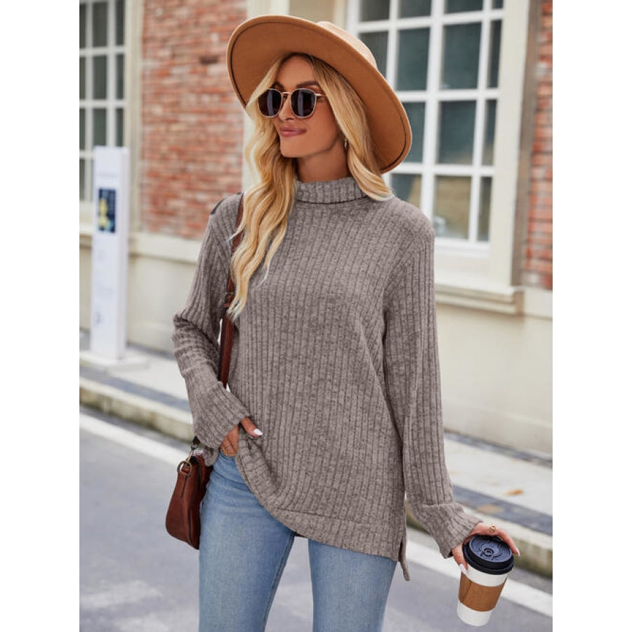 Ribbed Turtleneck Long Sleeve Slit Knit Top