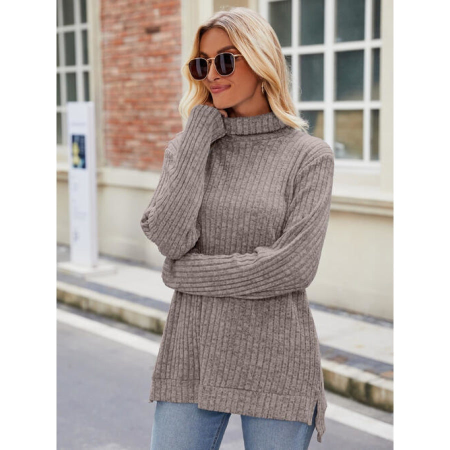 Ribbed Turtleneck Long Sleeve Slit Knit Top