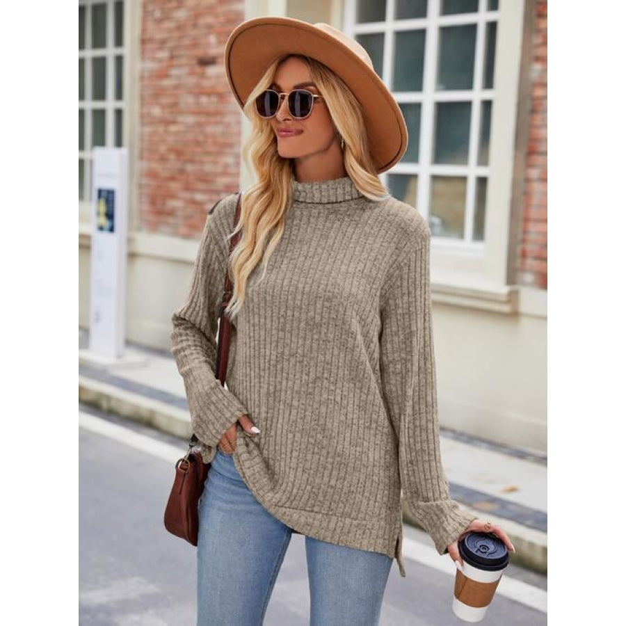 Ribbed Turtleneck Long Sleeve Slit Knit Top