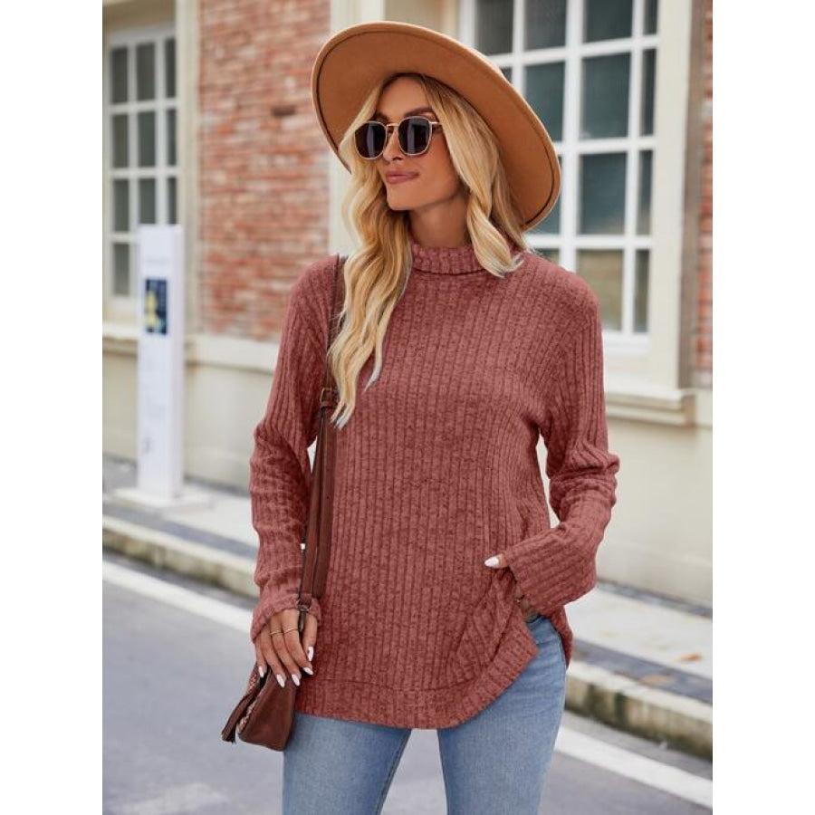 Ribbed Turtleneck Long Sleeve Slit Knit Top