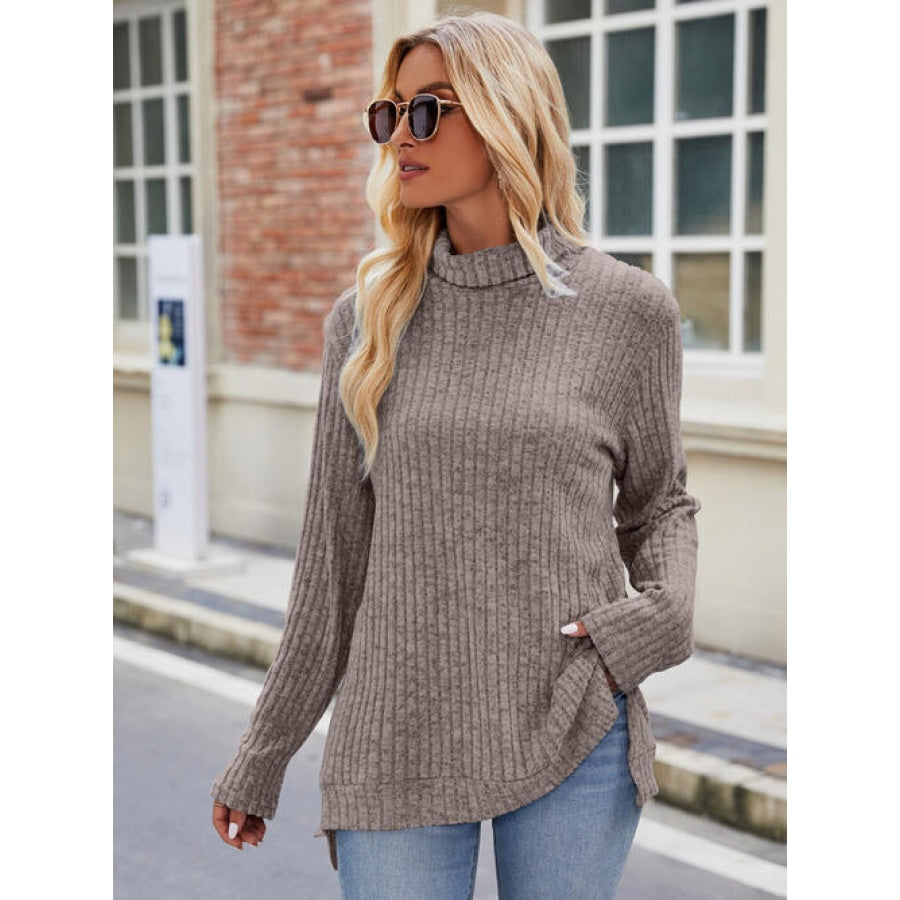 Ribbed Turtleneck Long Sleeve Slit Knit Top