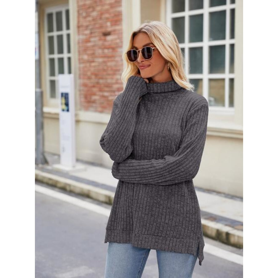 Ribbed Turtleneck Long Sleeve Slit Knit Top