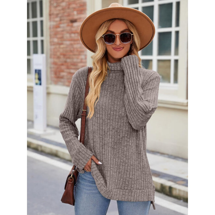 Ribbed Turtleneck Long Sleeve Slit Knit Top