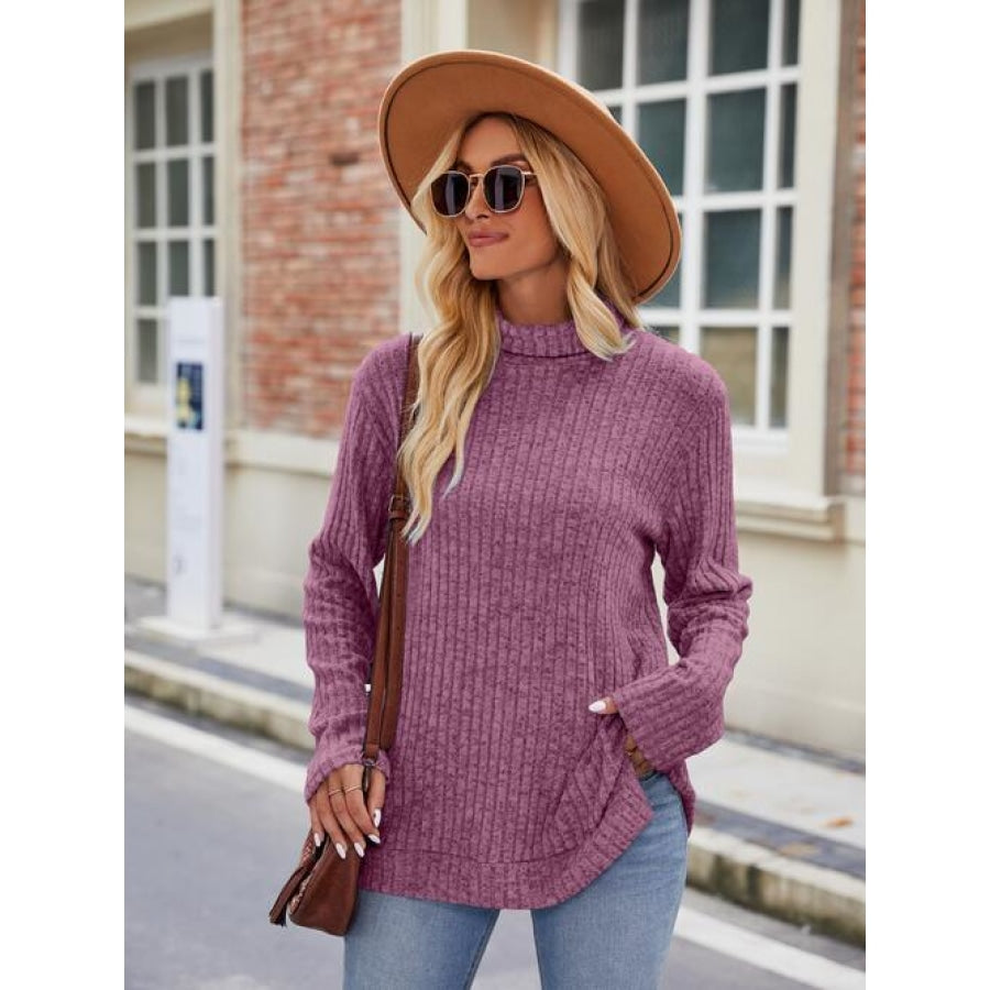 Ribbed Turtleneck Long Sleeve Slit Knit Top