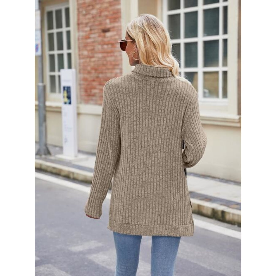 Ribbed Turtleneck Long Sleeve Slit Knit Top