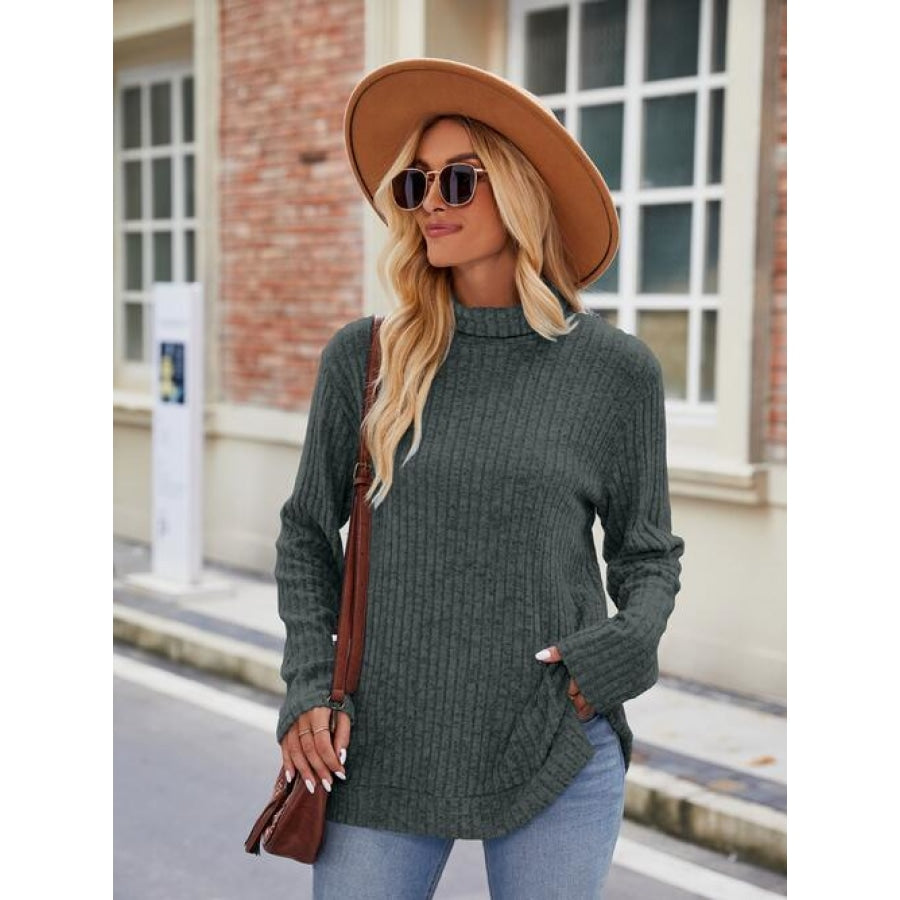 Ribbed Turtleneck Long Sleeve Slit Knit Top